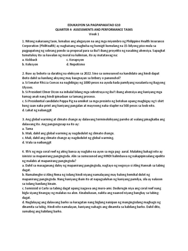 Assessment and Performance Tasks ESP G 10 Quarter 4 Week 1 - Week 4 | PDF