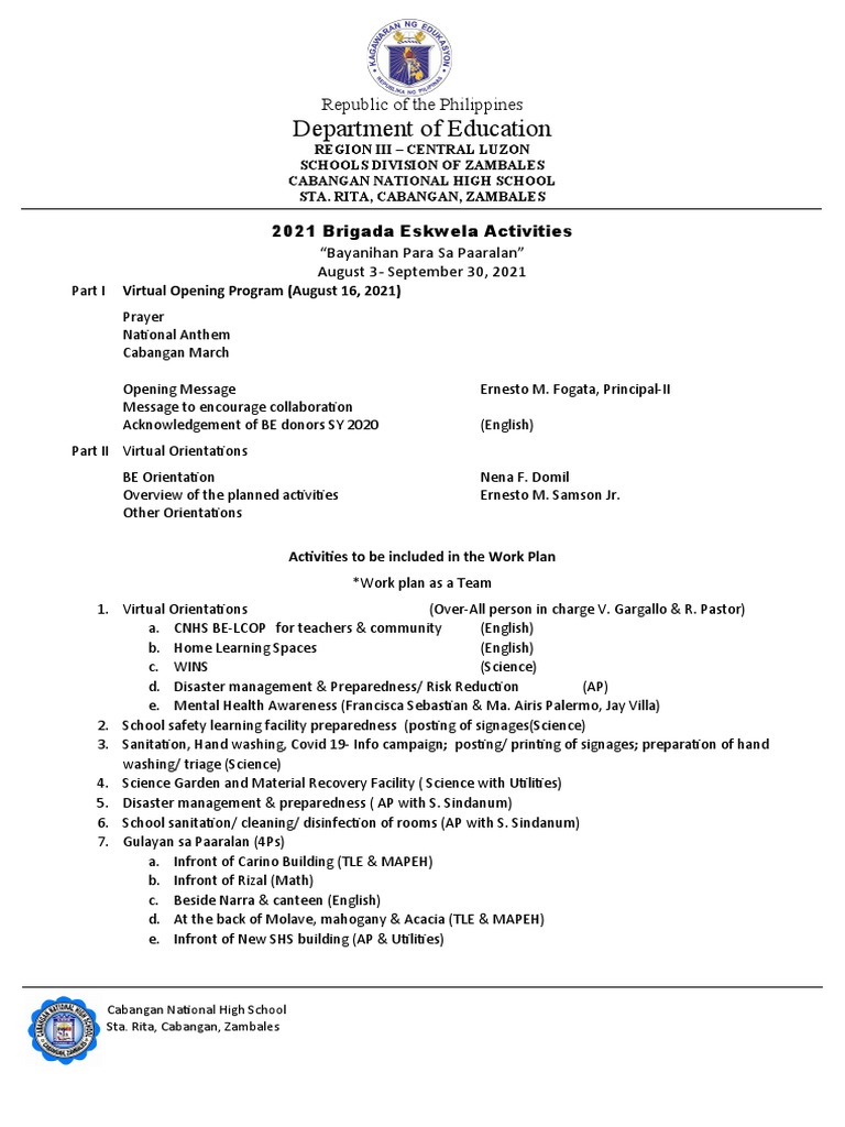 Brigada Eskwela 2021 Activities Overview | PDF | Health Sciences