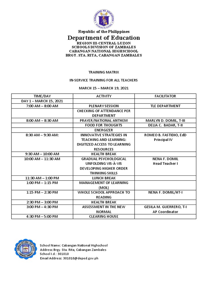 In-Service Training Schedule for Teachers | PDF | Pedagogy | Teaching
