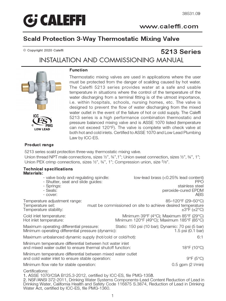 Scald Protection 3Way Thermostatic Mixing Valve PDF Valve Water
