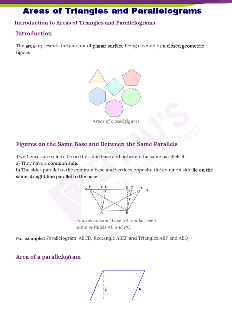 Introduction To Areas of Triangles and Parallelograms: Area Planar ...