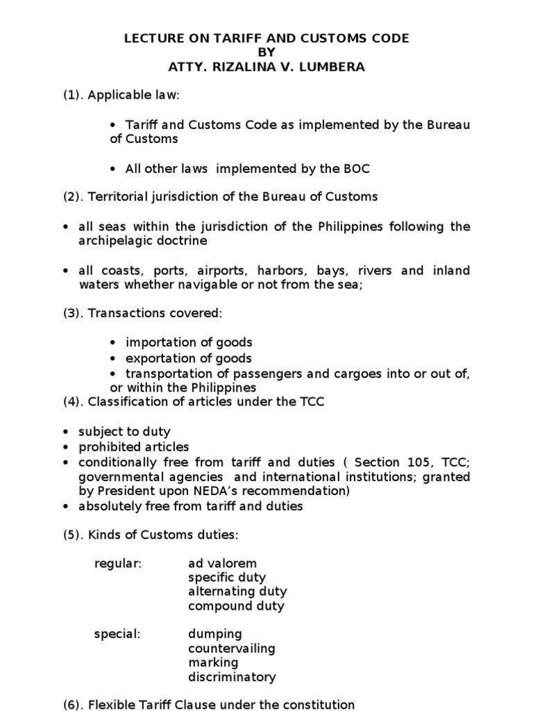 Lecture On Tariff and Customs Code PDF Asset Forfeiture Customs