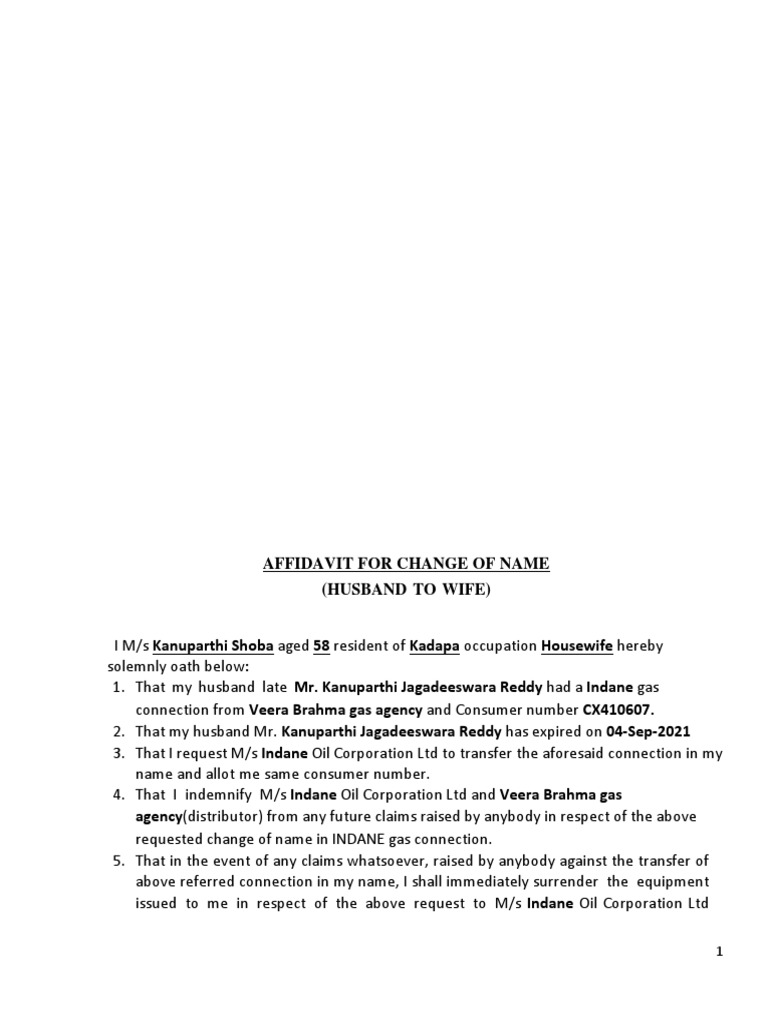 Indane Gas Connection Name Transfer Affidavit | PDF