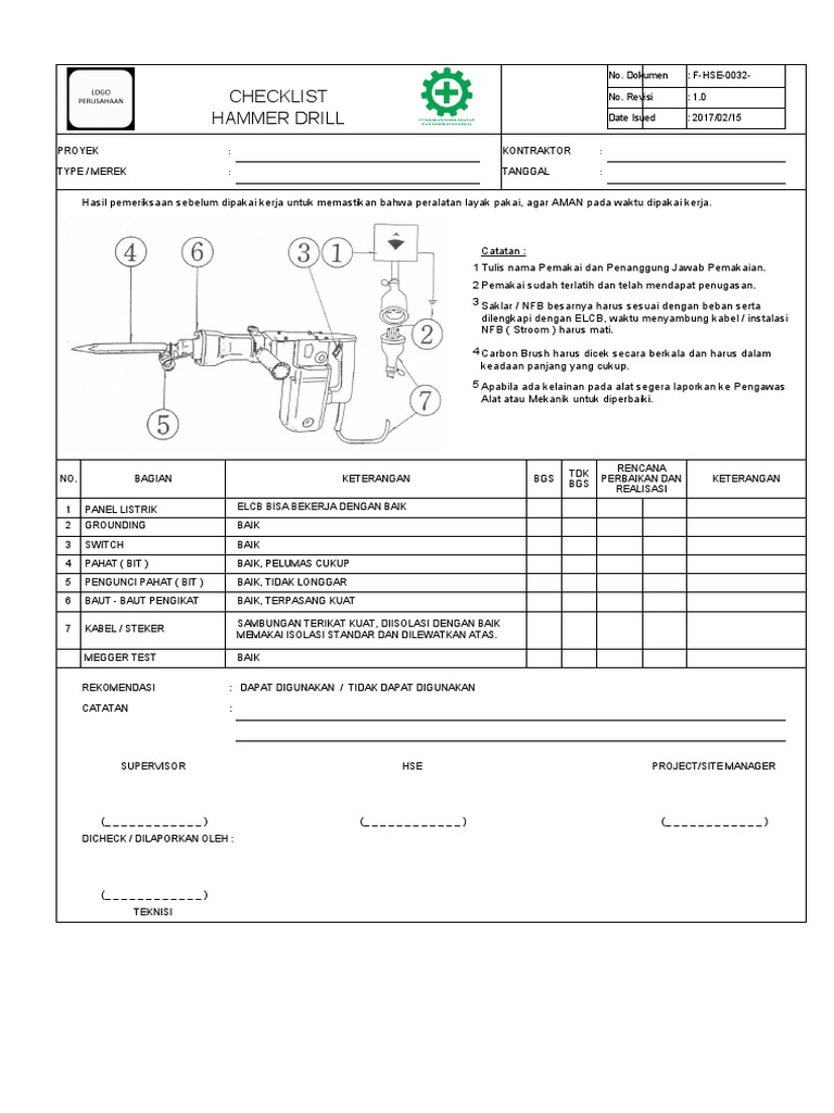 Checklist Inspeksi Hammer Drill | PDF