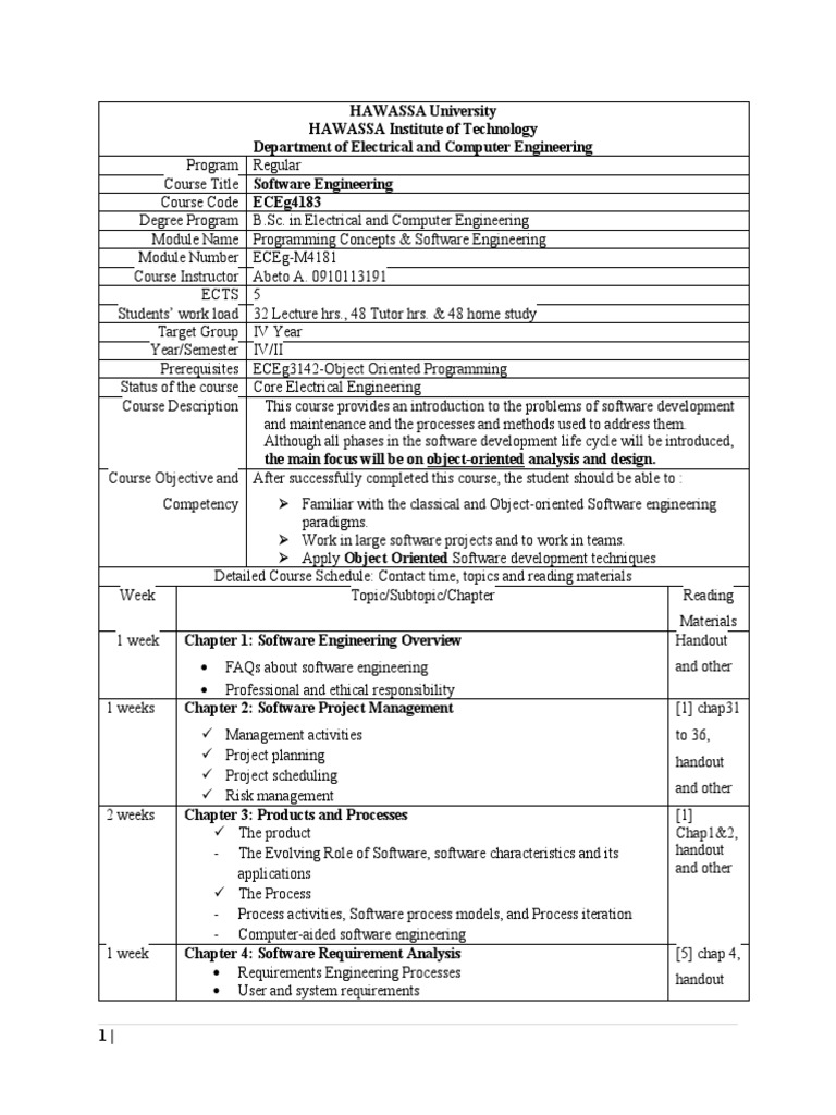 Course Outline SW | PDF | Engineering | Software Engineering