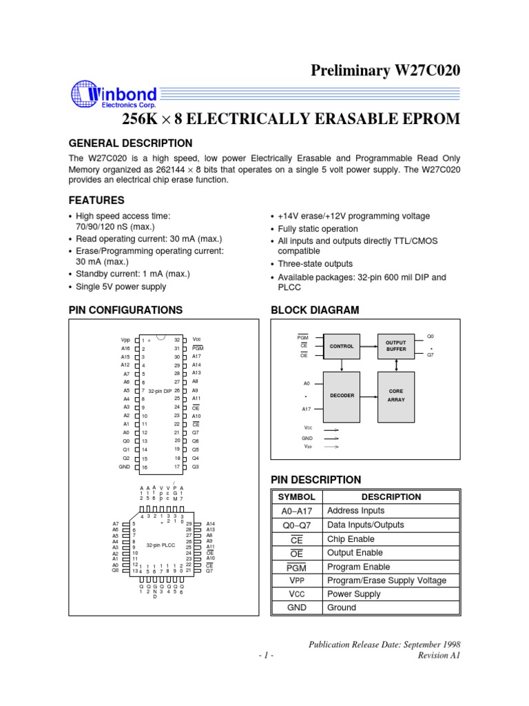 W27C020 Electrically Erasable EPROM | PDF | Capacitor | Computer ...