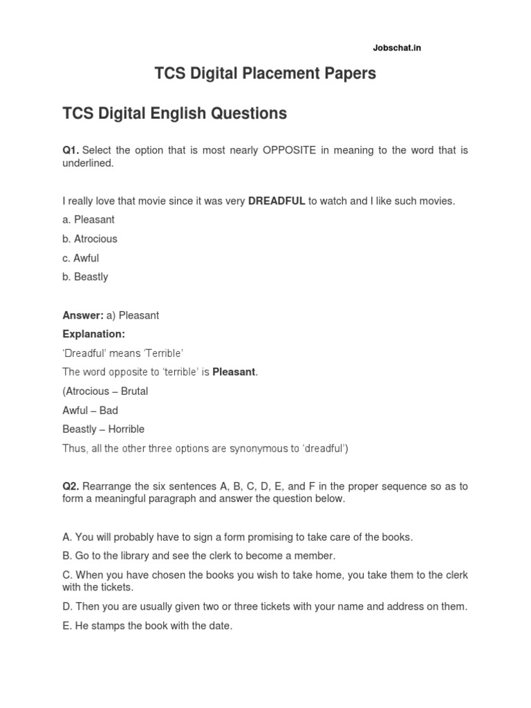 TCS Digital Placement Papers Guide | PDF | Syntax | Grammar