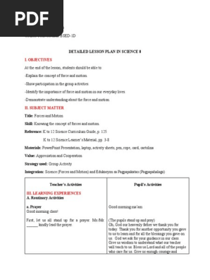 detailed lesson plan about force and motion