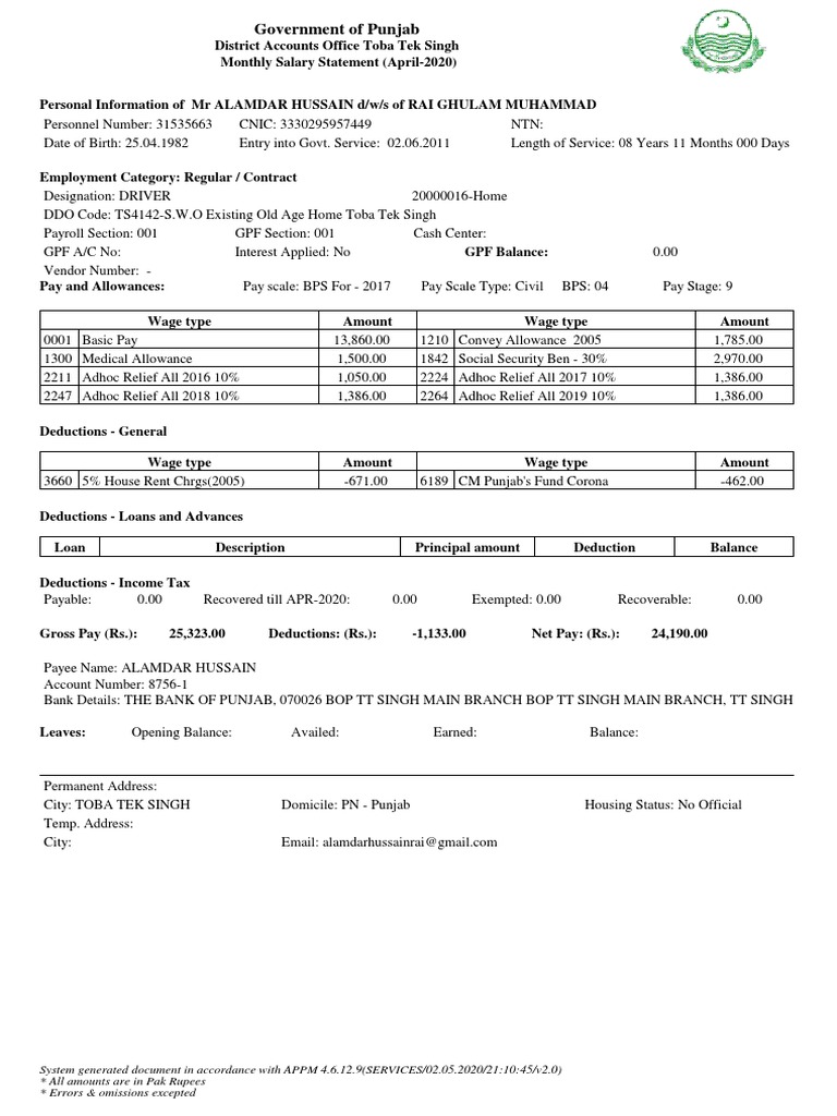 Punjab Govt Salary Statement | PDF | Payroll | Government