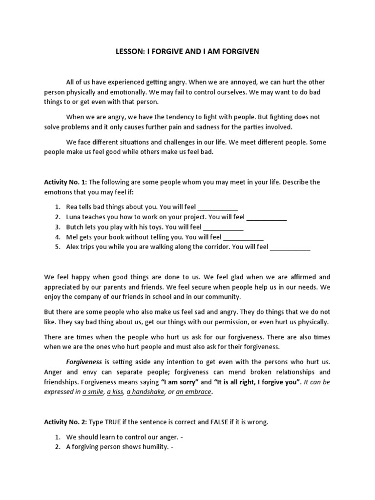 Understanding Forgiveness for Kids | PDF | Forgiveness | Psychology