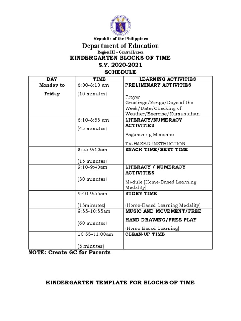 Kindergarten Blocks of Time Schedule for the 20202021 School Year in