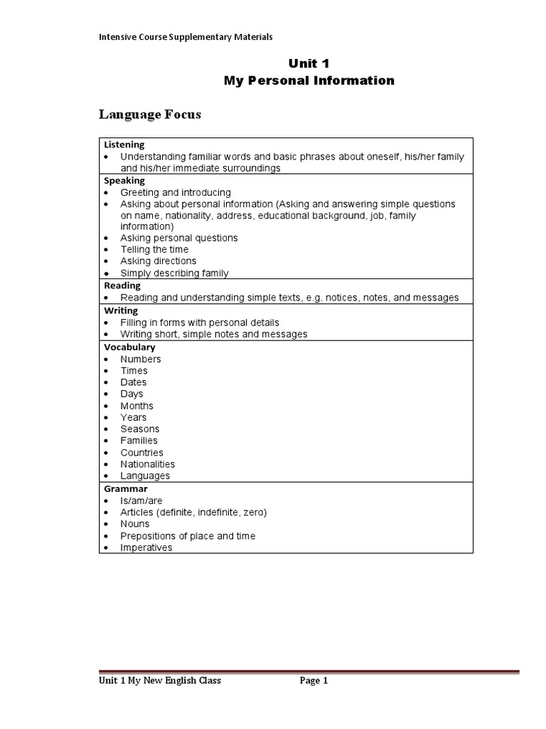 Intensive English Course: Unit 1 Materials | PDF | Stress (Linguistics ...