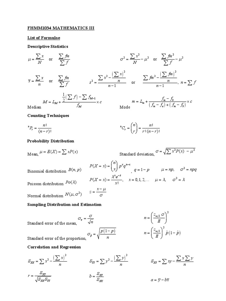 FHMM1034 Formulae Tables | PDF