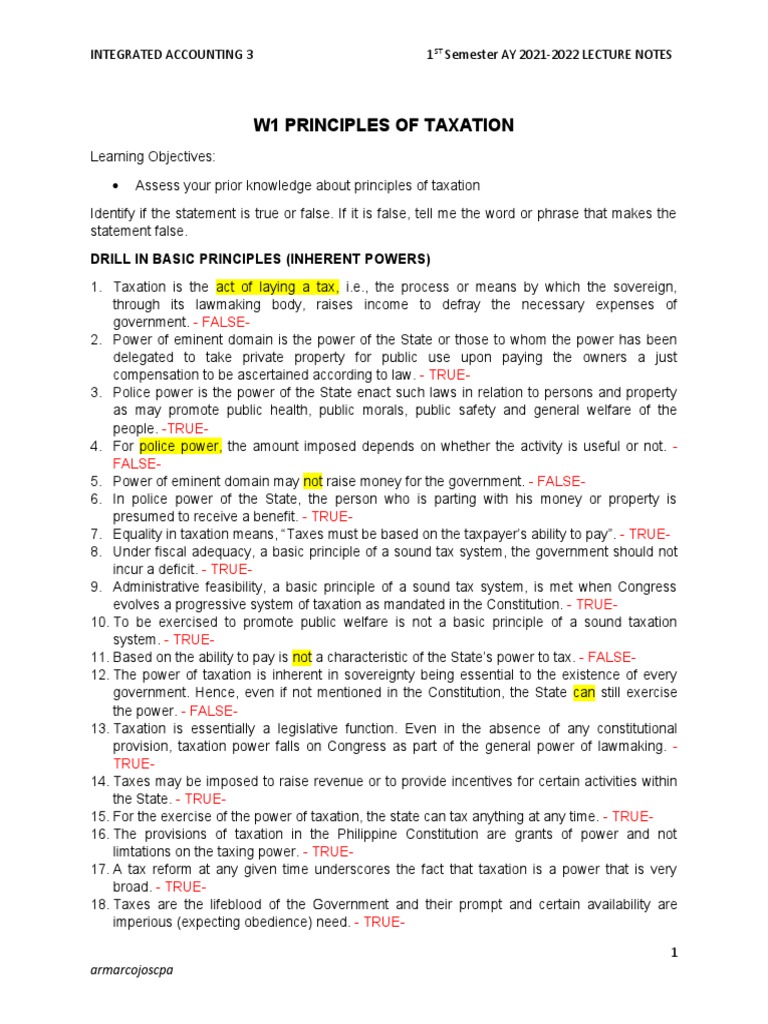 W1 Principles of Taxation PDF Taxes Internal Revenue Service