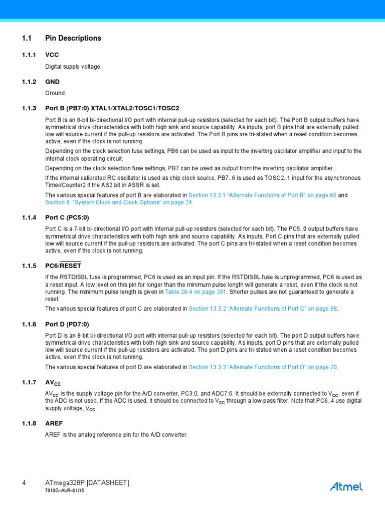 1.1 Pin Descriptions Atmega328P (Datasheet) 4 PDF Analog To Digital Converter Electrical