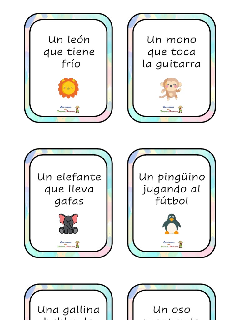 Tarjetas de Mímica con Animales Divertidos | PDF