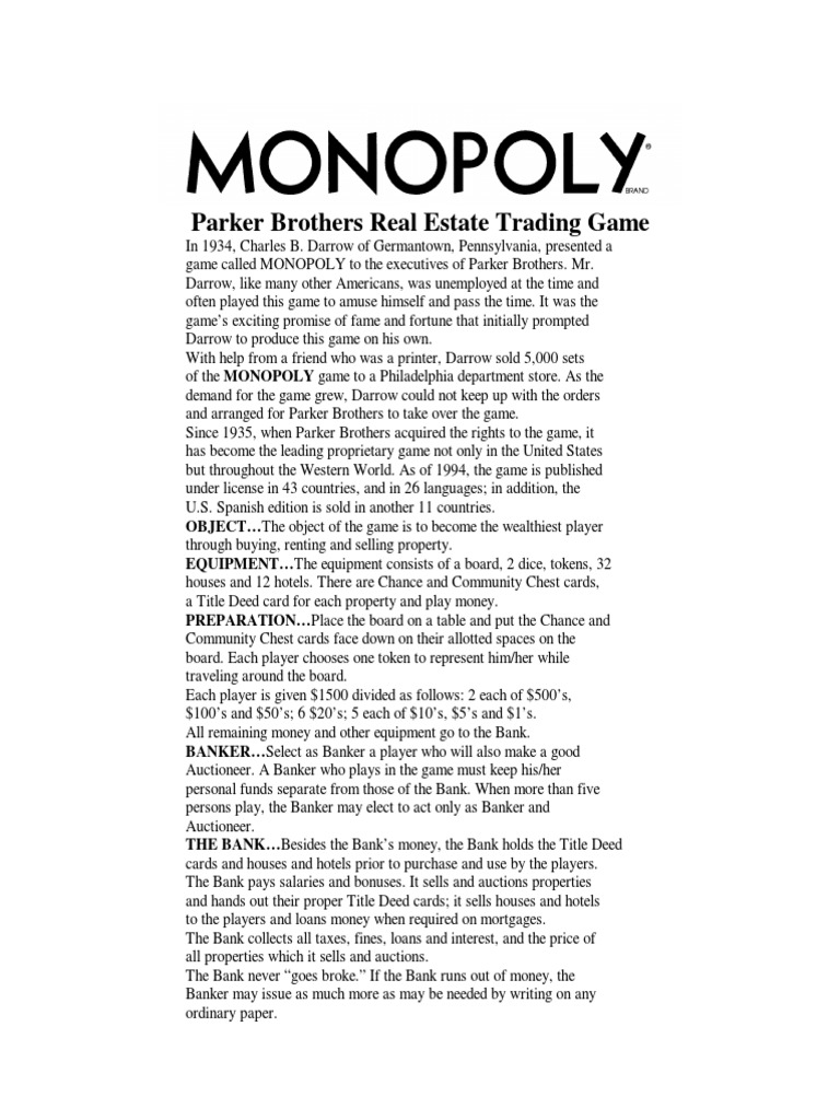 MONOPOLY INSTRUCTIONS - Parker - 01 | PDF | Economies | Banking