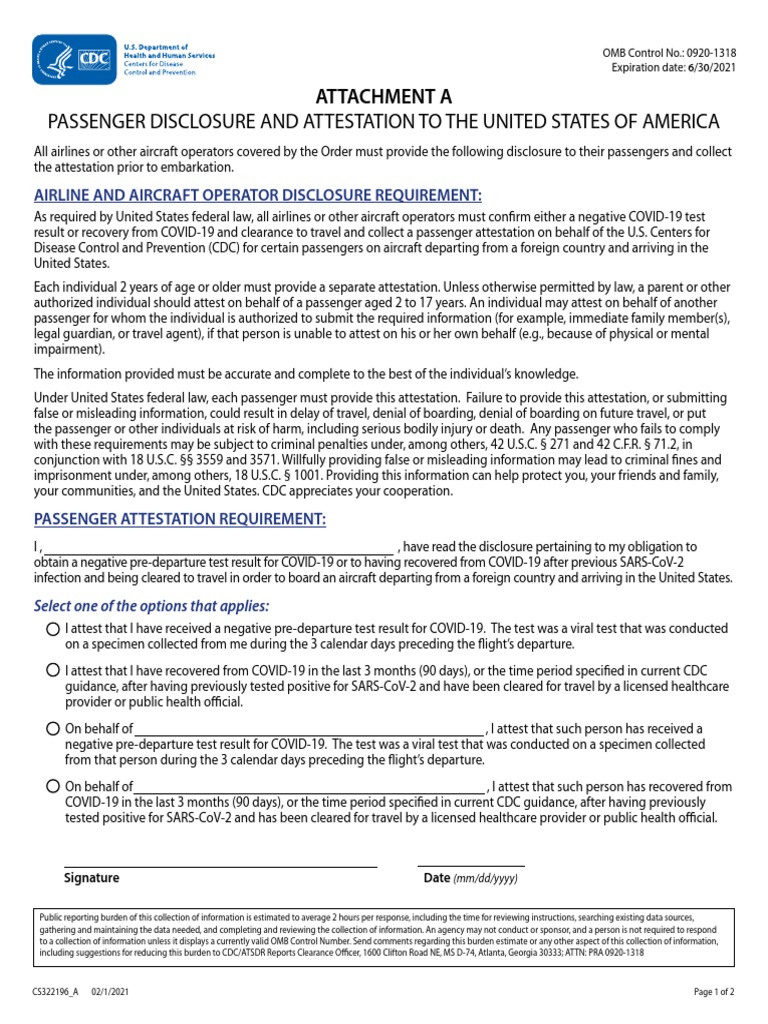 Passenger COVID-19 Attestation Form | PDF | Centers For Disease Control ...