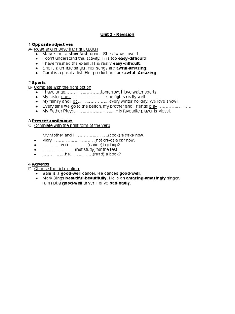 Adjective and Verb Practice Exercises | PDF