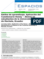 Estilos de Aprendizaje. Aplicación Del Cuestionario Honey - Alonso en Estudiantes de La Universidad Técnica de Machala, Ecuador