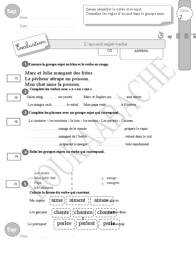 évaluation Accord Sujet Verbe Ce1 Ce1 Evaluation Accord Verbe | PDF | Zoologie