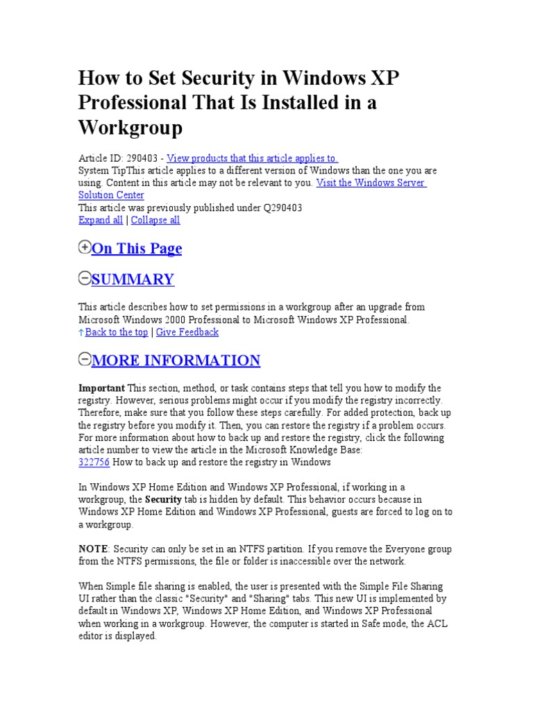 Windows XP Workgroup Security Setup | PDF | Windows Registry ...
