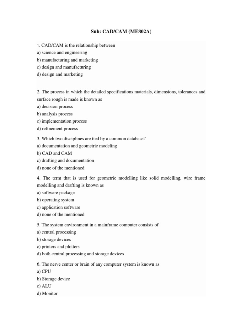 CAD/CAM Fundamentals Quiz | PDF | Computer Aided Design | Software