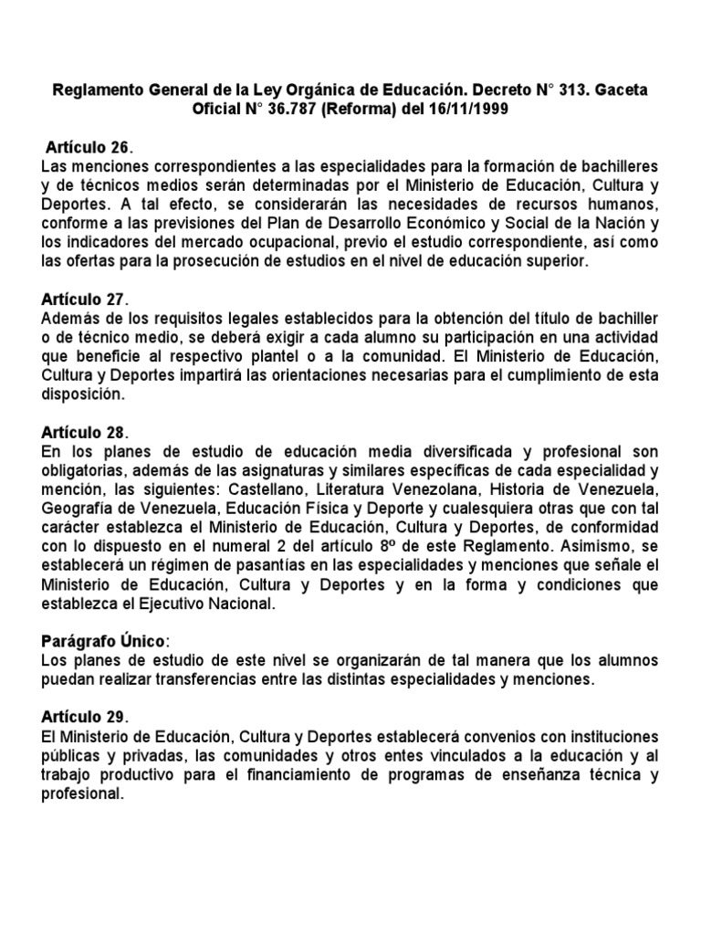 Reglamento General de La Ley Orgánica de Educación ART.26,27,28,29. | PDF