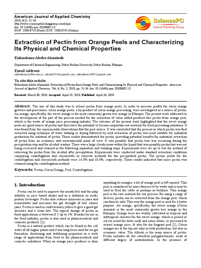 Extraction of Pectin From Orange Peels and Characterizing Its Physical