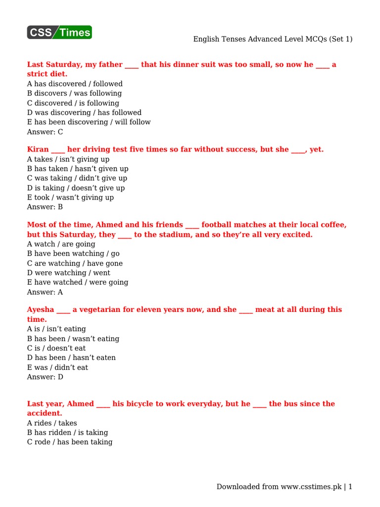 Advanced English Tenses MCQs Set 1 | PDF | Language Arts & Discipline