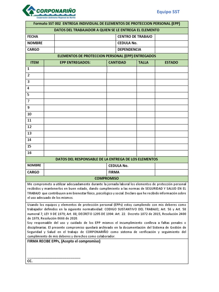 Formato SST 002 FORMATO ENTREGA INDIVIDUAL EPPS | PDF