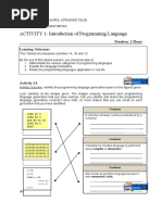 ACTIVITY 1: Introduction of Programming Language: Duration: 2 Hours Learning Outcomes