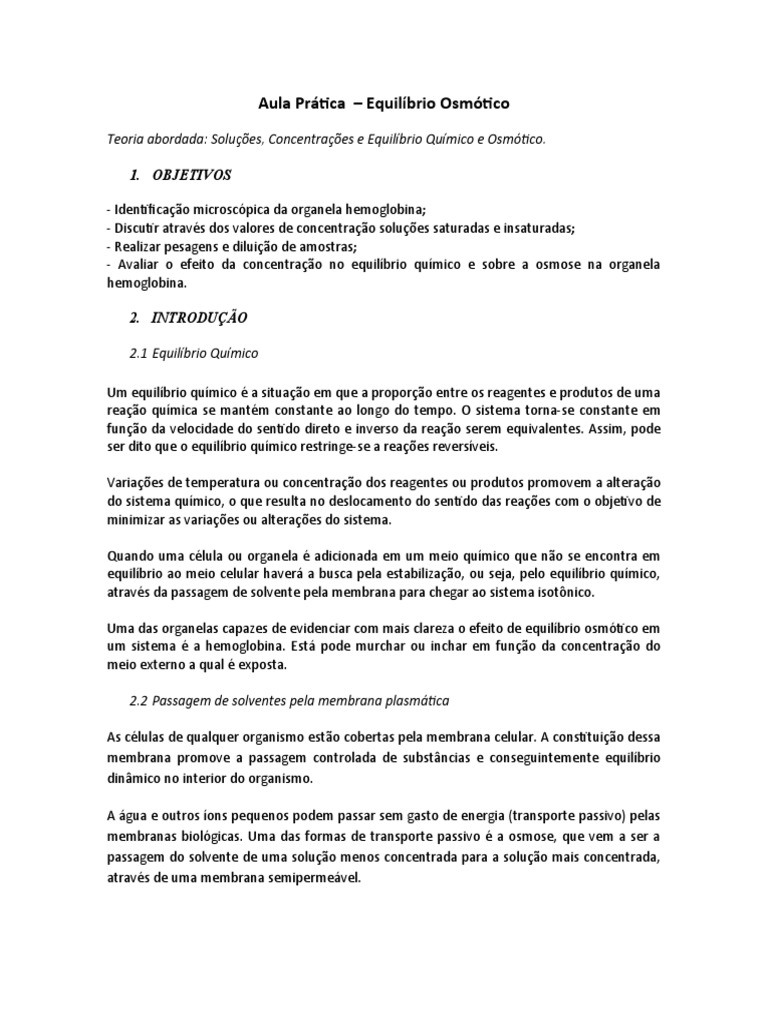 Aula Prática 06 - Equilíbrio Osmótico - Biomedicina | PDF | Osmose ...