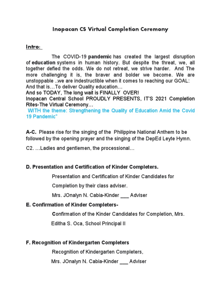 Virtual Emcee-Conalum ES-fin-Completion Rites | PDF | Educational ...