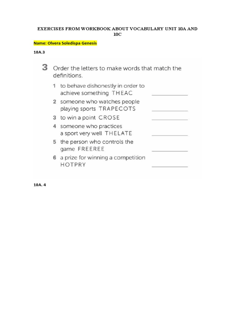 Exercises From Workbook About Vocabulary Unit 10a And 10c Pdf