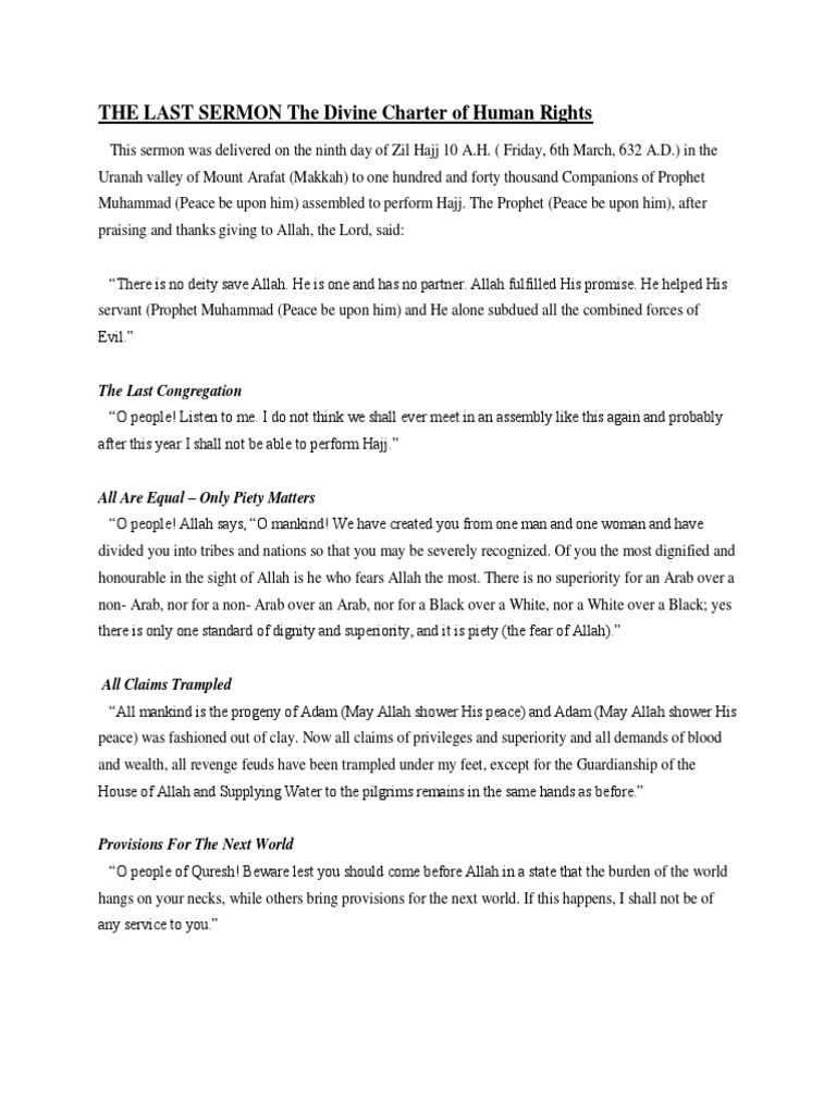 THE LAST SERMON The Divine Charter of Human Rights | PDF | Muhammad | Hajj