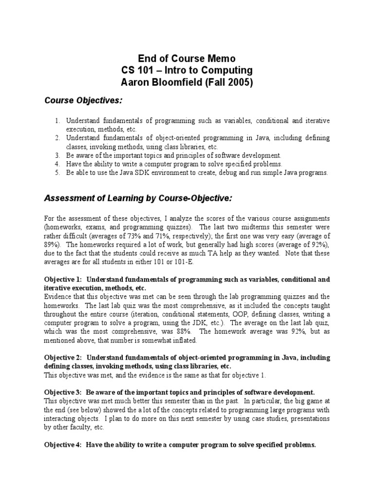 End of Course Memo CS 101 - Intro To Computing Aaron Bloomfield (Fall ...