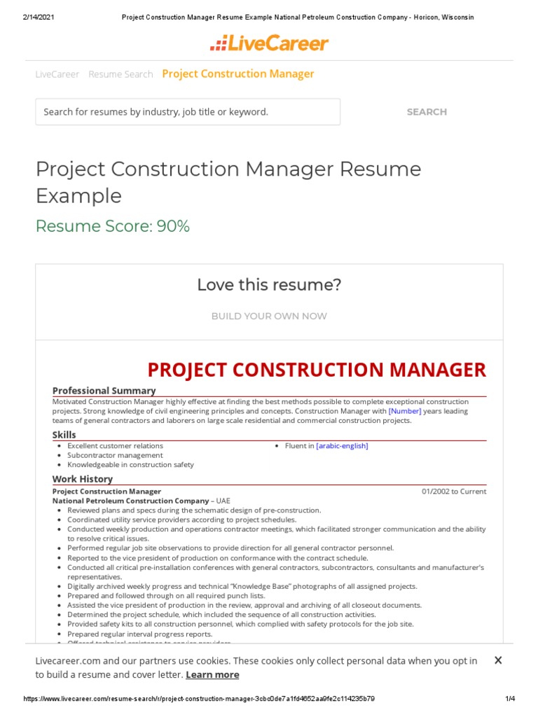 Project Construction Manager Resume Example National Petroleum