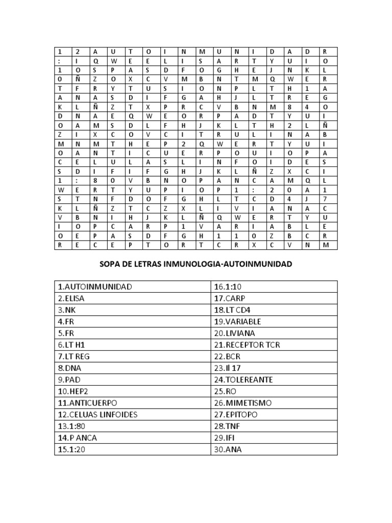 SOPA DE LETRAS INMUNOLOGIA Sin Color | PDF