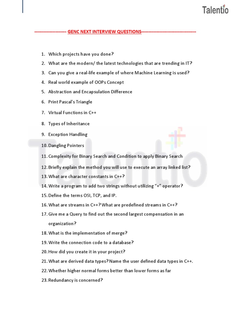 Genc Next Technical Interview Questions | PDF | C++ | Databases