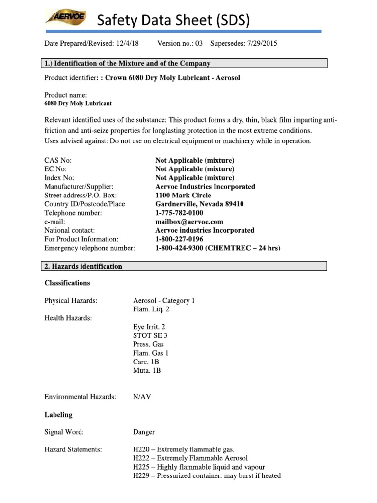 Crown 6080 Dry Moly MSDS PDF