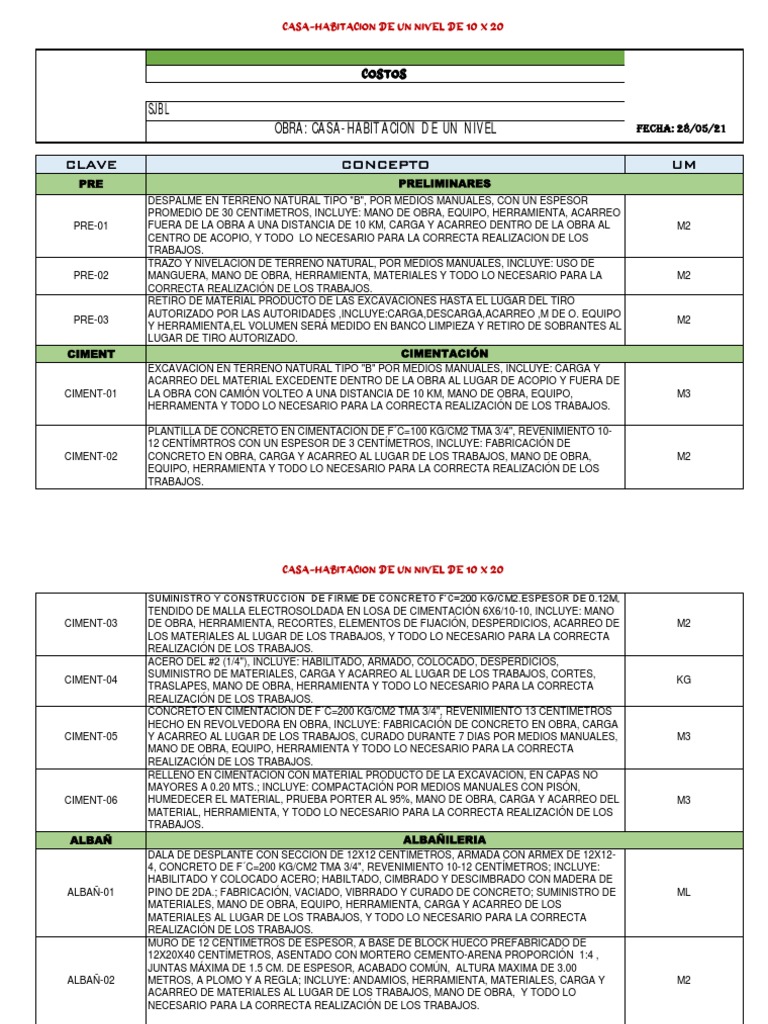 Catalogo de Conceptos CasaHabitacion PDF Hormigón Tubería