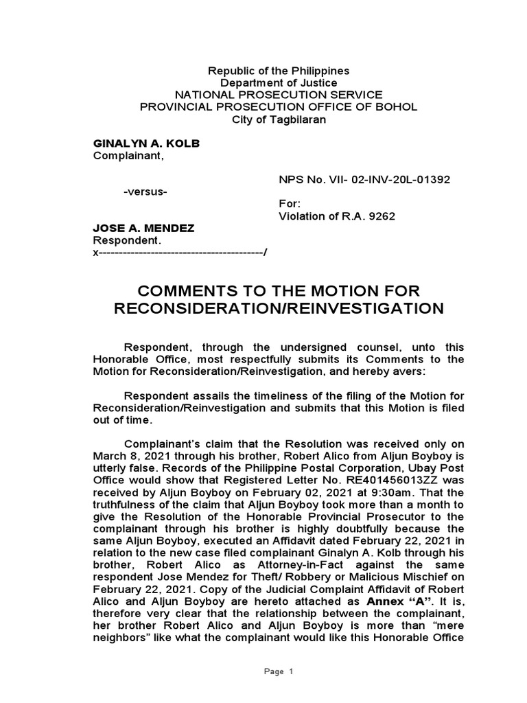 Comments To The Motion For Reconsideration/Reinvestigation Ginalyn A. Kolb PDF Prosecutor