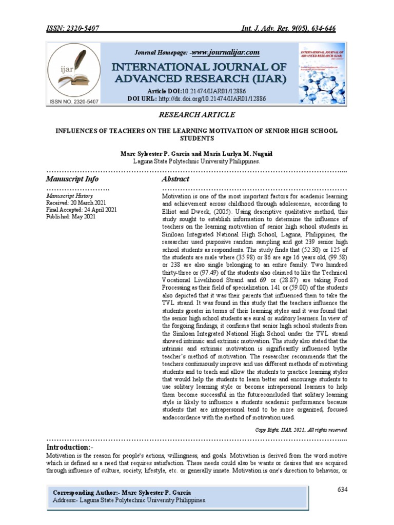 Influences of Teachers On The Learning Motivation of Senior High School ...