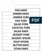 Fish Knife Dinner Knife Dinner Fork Fish Fork Salad Fork Cocktail Fork Salad Knife Dessert Fork Dessert Spoon Soup Spoon Butter Knife Steak Knife