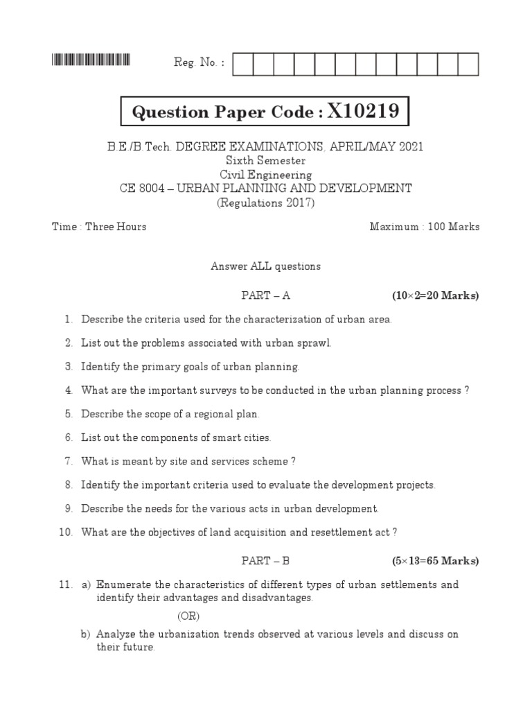 Question Paper Code:: Reg. No. | PDF | Urban Planning