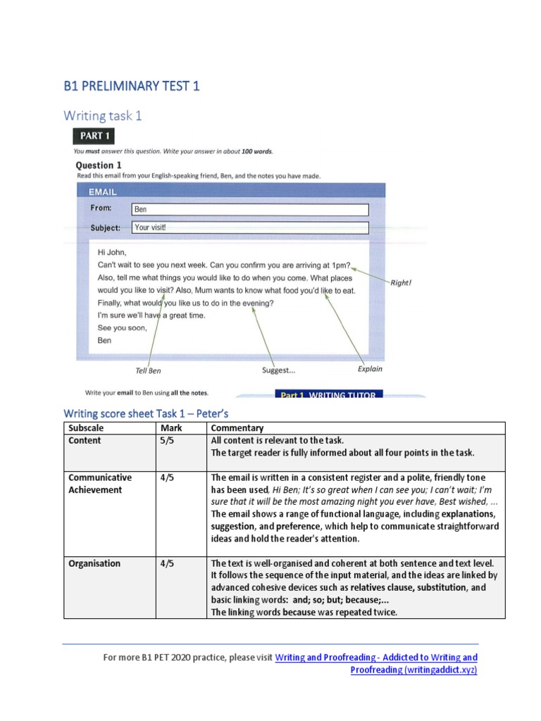 B1 Preliminary Writing Test Evaluation | PDF | Word | Clause
