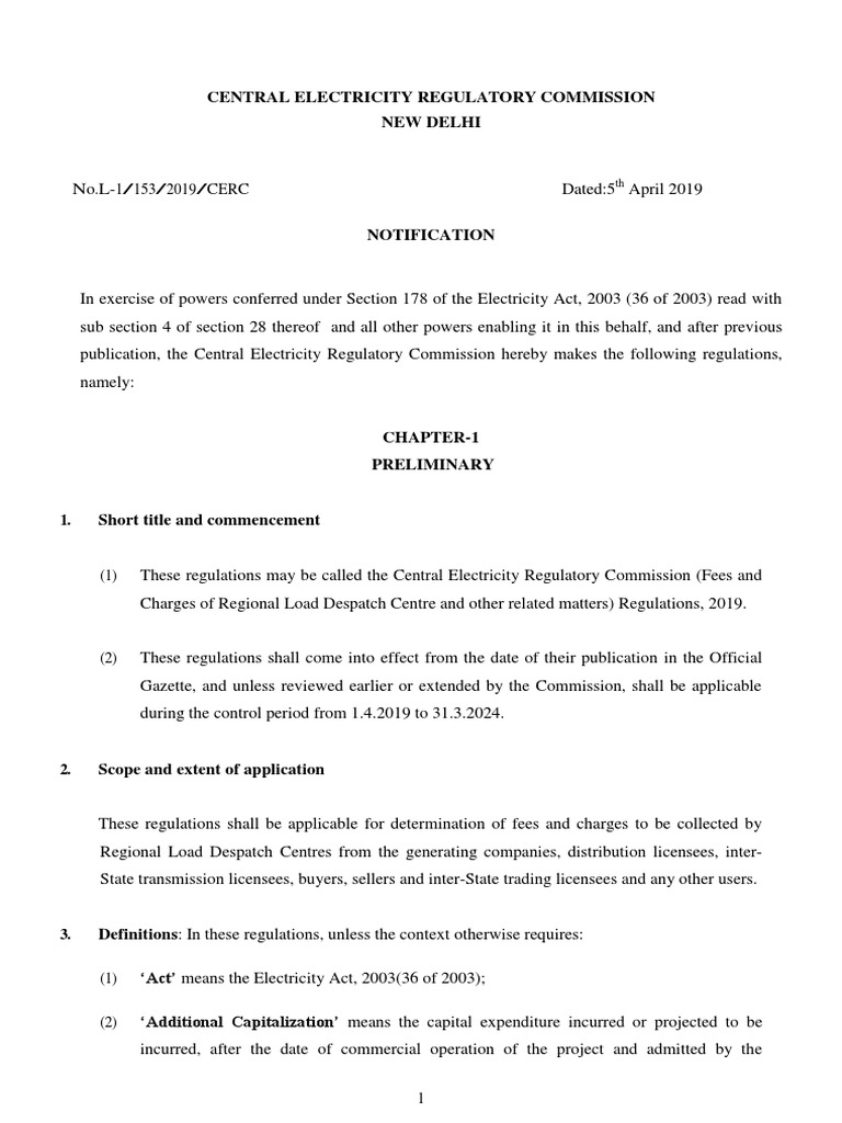 CERC Load Despatch Fees Regulations 2019 | PDF | Depreciation | Expense