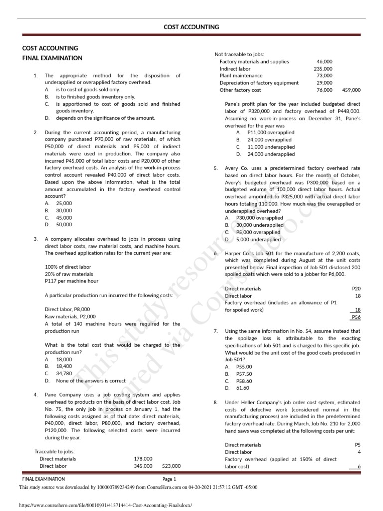 Cost Accounting Final Exam Review | PDF | Cost Of Goods Sold | Supply ...