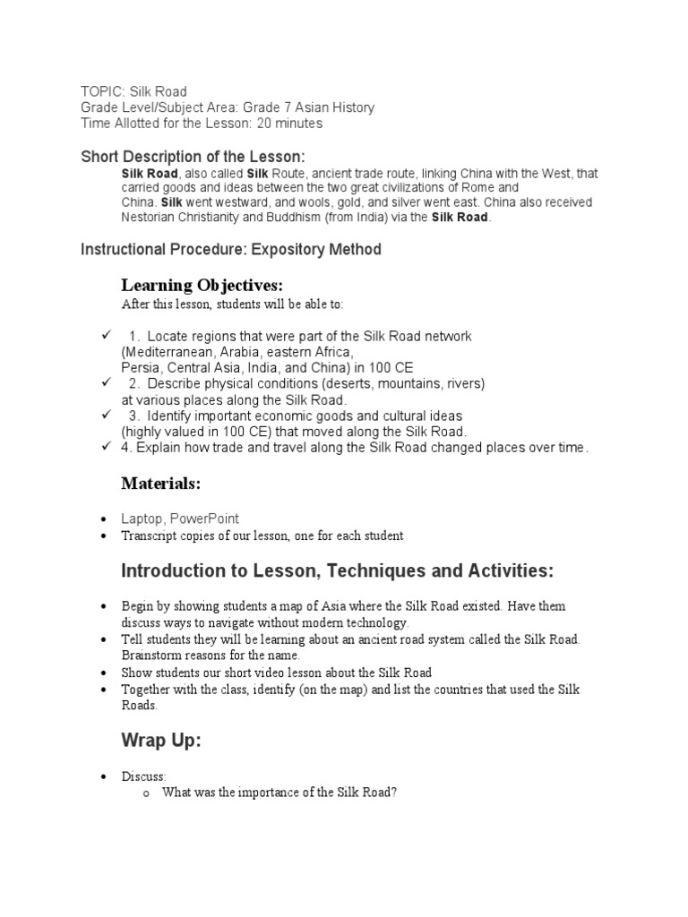 Learning Objectives:: Short Description of The Lesson | PDF | Silk Road